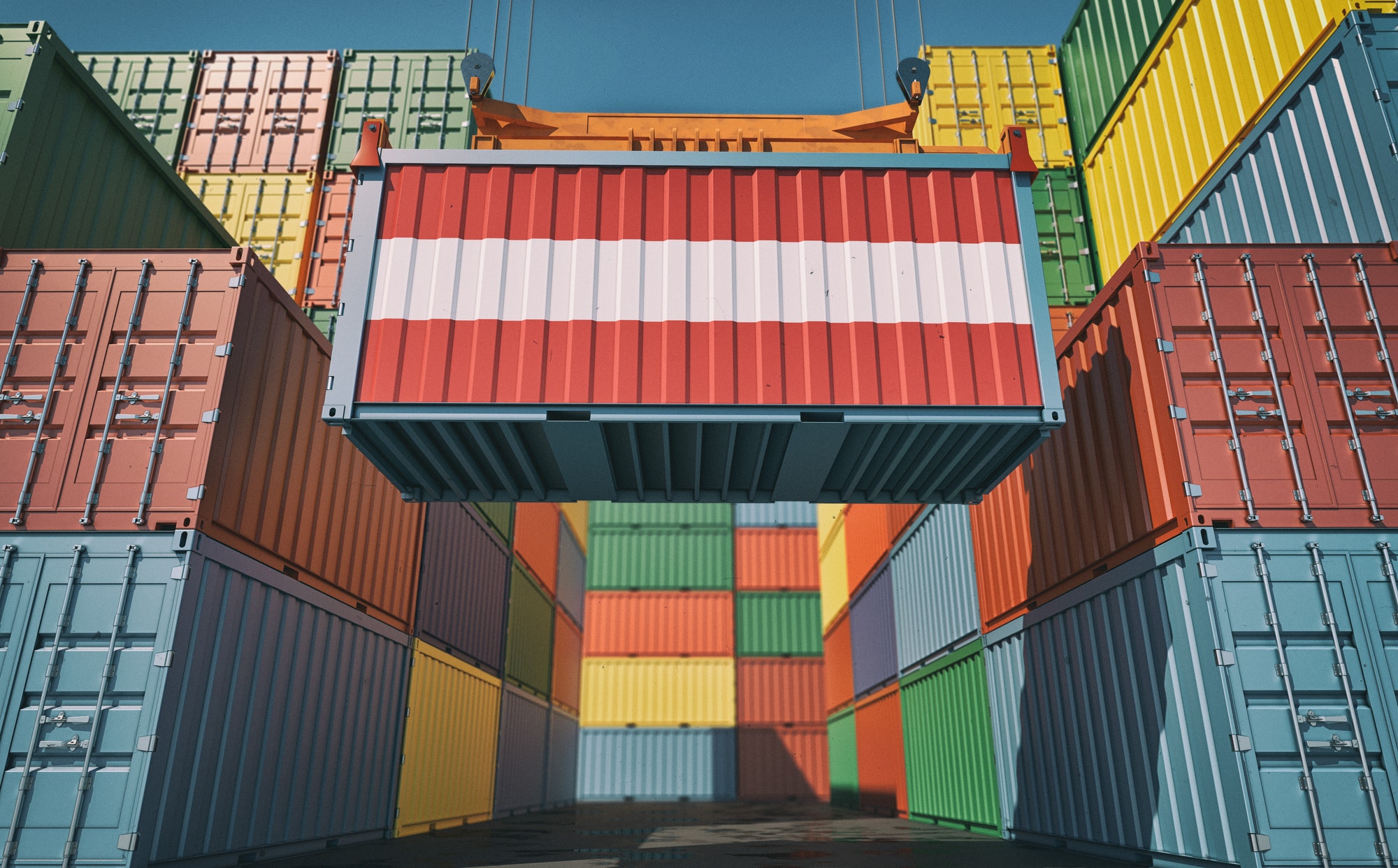 Container Terminal - Shipping Container with Austria flag.
