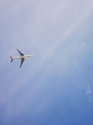 Airplane flying through the blue sky.