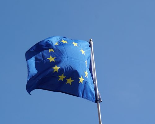 EU flag of Europe or European Union waving in the wind